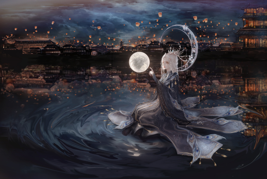 1girl absurdres architecture blue_collar blue_hanfu blue_sky character_request chinese_clothes chinese_commentary closed_mouth cloud cloudy_sky collar commentary_request crescent crown east_asian_architecture expressionless eyelashes forehead_jewel full_body hanfu highres jiaopiupiu kneeling lantern lipstick long_hair long_sleeves looking_at_object makeup night night_sky nikki_(series) ocean orb outdoors paper_lantern pointing red_lips reflection reflective_water ripples shining_nikki sidelocks sitting_on_liquid sky solo straight_hair tassel thick_eyebrows town white_hair wide_sleeves yellow_eyes yunjian