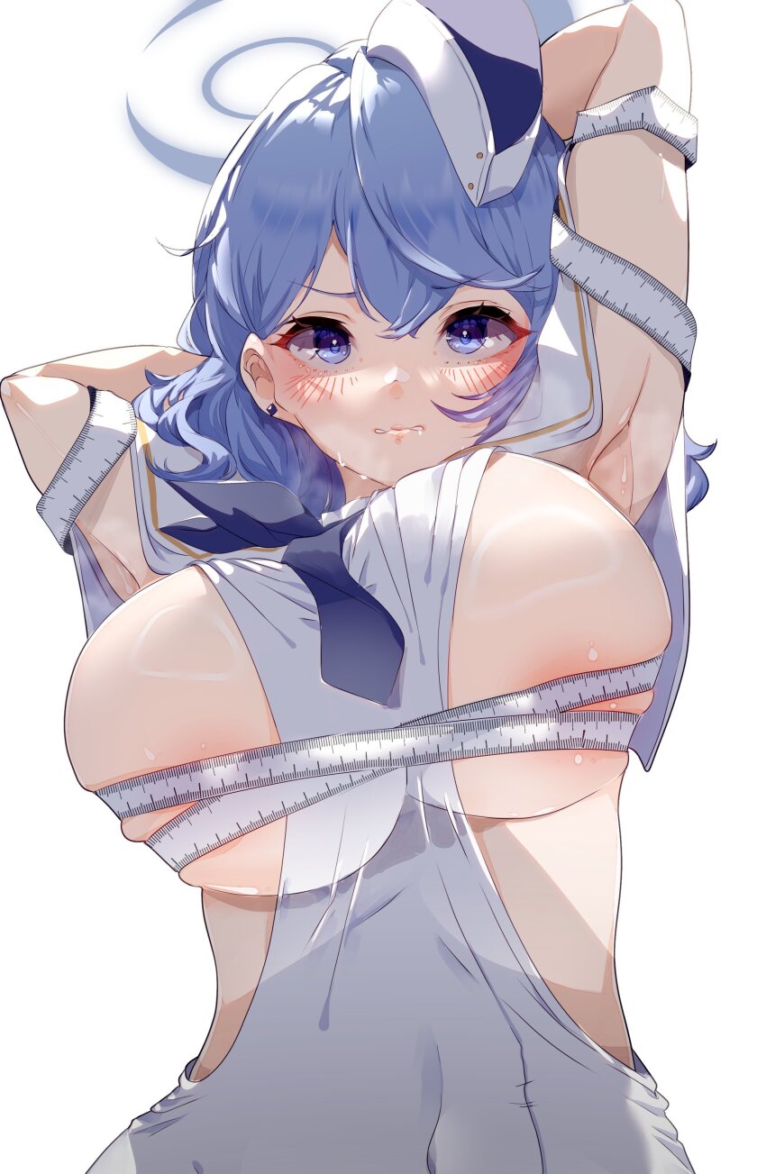 1girl absurdres ako_(blue_archive) armpits arms_behind_head arms_up blue_archive blue_eyes blue_hair blue_halo bound bound_arms breasts convenient_censoring dress garrison_cap halo hat highres large_breasts looking_at_viewer necktie official_alternate_costume pencil_dress sakusakusakurai short_necktie sideless_dress sideless_outfit sideless_shirt solo tape_measure utnapishtim_operator_uniform_(blue_archive) white_background white_dress