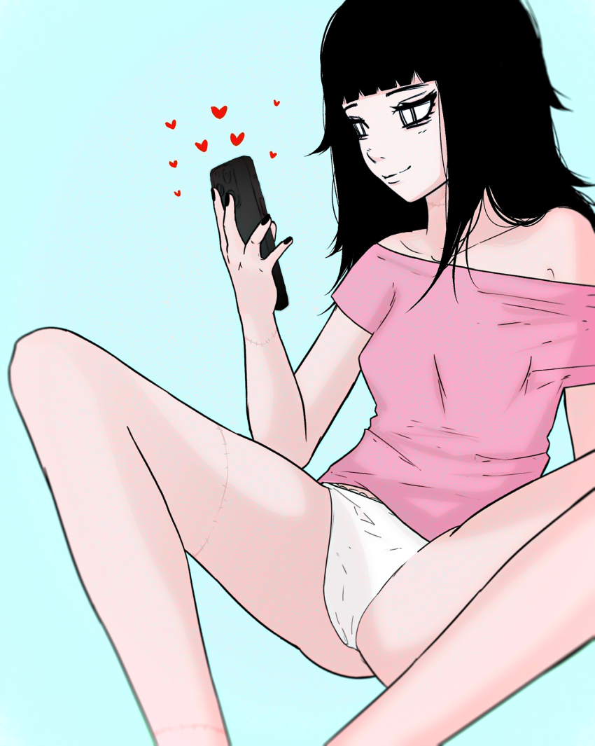 1girl black_hair highres hime_cut lena_miaou nail_polish panties phone spread_legs stitches thighs underwear unusual_pupils