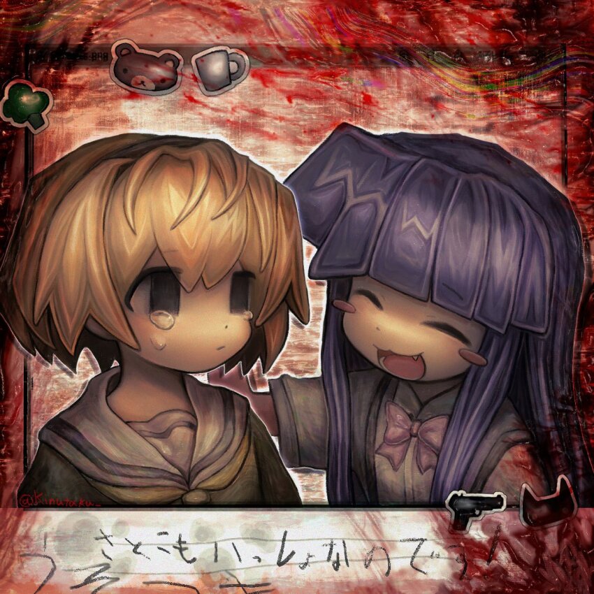 2girls abstract_background animal_sticker blonde_hair blue_hair blunt_bangs blush_stickers bow cat_face_sticker closed_eyes closed_mouth crying fangs furude_rika highres higurashi_no_naku_koro_ni houjou_satoko kinutaku long_hair looking_at_another multiple_girls open_mouth outline pink_bow sailor_collar school_uniform short_hair short_sleeves sticker tears upper_body
