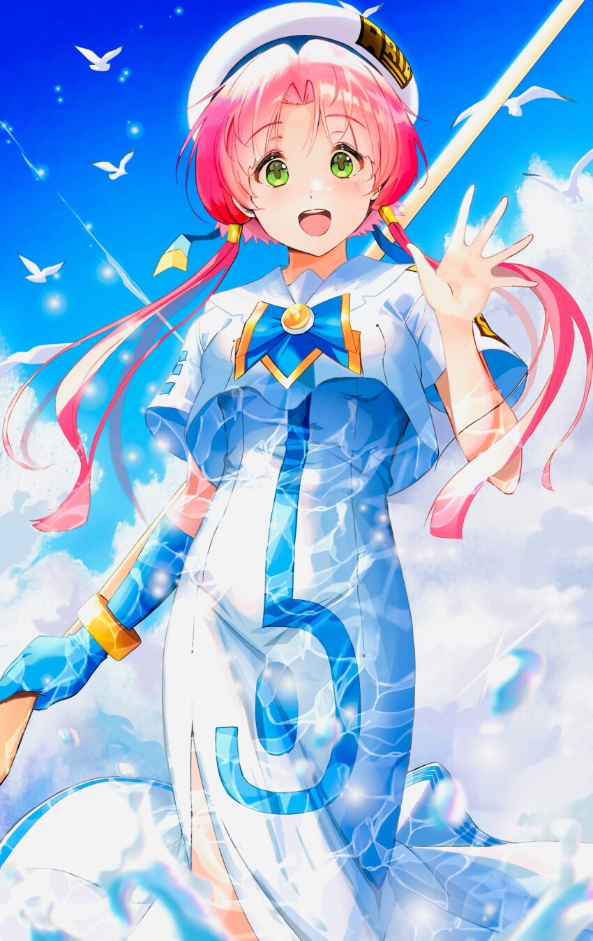 1girl :d andanden aria_(manga) aria_company_uniform beret bird blue_bow blue_bowtie blue_gloves blue_sky blush bow bowtie bracelet breasts cloud cloudy_sky cowboy_shot day dress eyelashes feet_out_of_frame fingerless_gloves gloves gold_bracelet gold_trim green_eyes hair_tubes hand_up hat hat_ribbon highres holding holding_oar impossible_clothes impossible_dress jewelry looking_at_viewer mizunashi_akari oar open_mouth outdoors parted_bangs pink_hair ribbon sailor_collar seagull short_hair_with_long_locks short_sleeves side_slit single_glove sky small_breasts smile solo splashing teeth upper_teeth_only waving white_dress white_hat