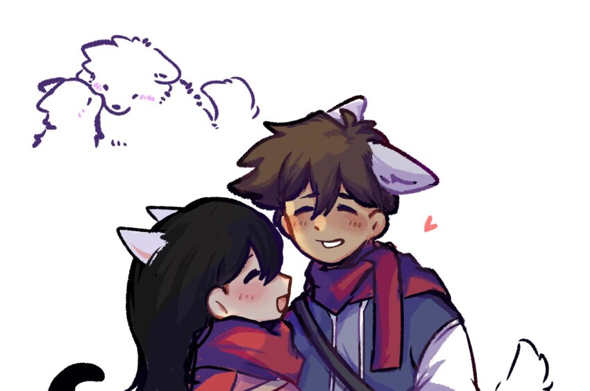 1boy 1girl animal_ears black_hair blue_jacket brown_hair closed_eyes commentary_request dog dog_boy dog_ears dog_girl dog_tail heart height_difference hero_(faraway)_(omori) hero_(omori) hetero jacket kemonomimi_mode long_hair mari_(faraway)_(omori) mari_(omori) ni12345670 omori open_mouth red_scarf scarf smile tail vietnamese_commentary