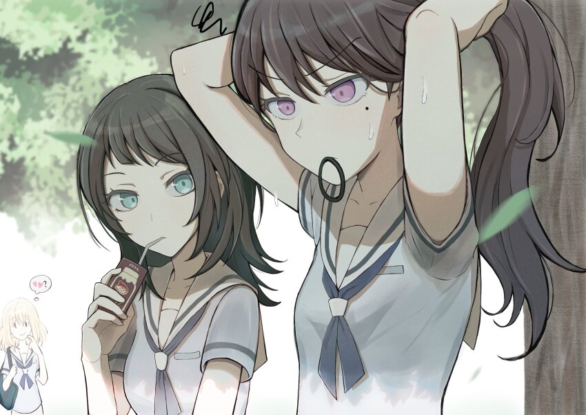 3girls bag bang_dream! bang_dream!_it&#039;s_mygo!!!!! black_hair blonde_hair blue_bag blue_neckerchief blue_shirt commentary drinking_straw drinking_straw_in_mouth hair_tie_in_mouth hanasakigawa_school_uniform heart highres long_hair medium_hair misumi_uika mole mole_under_eye mouth_hold multiple_girls neckerchief purple_eyes russell_(rrrrrrz9) sailor_collar school_uniform serafuku shiina_taki shirt short_hair shoulder_bag squiggle sweat sweatdrop tying_hair white_sailor_collar yahata_umiri