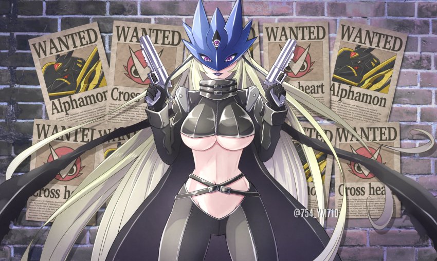 1girl alphamon beelstarmon breasts digimon highres long_hair mask poster revealing_clothes solo underboob wanted_poster