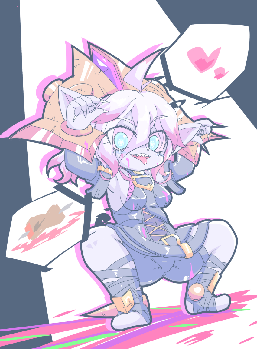 1girl alternate_species antenna_hair belt black_bodysuit black_sleeves black_socks blue_eyes bodysuit breasts briar_(league_of_legends) claws colored_sclera colored_skin detached_sleeves eyebrows female_focus from_below from_side grey_skin hands_up highres kayo!!_(gotoran) league_of_legends looking_at_viewer looking_down looking_to_the_side multicolored_hair open_mouth pointy_ears red_hair red_sclera sharp_teeth short_hair sleeveless sleeveless_bodysuit small_breasts socks solo spread_legs squatting stirrup_legwear stocks teeth thighhighs toeless_legwear tongue tongue_out two-tone_hair upper_teeth_only white_hair yordle