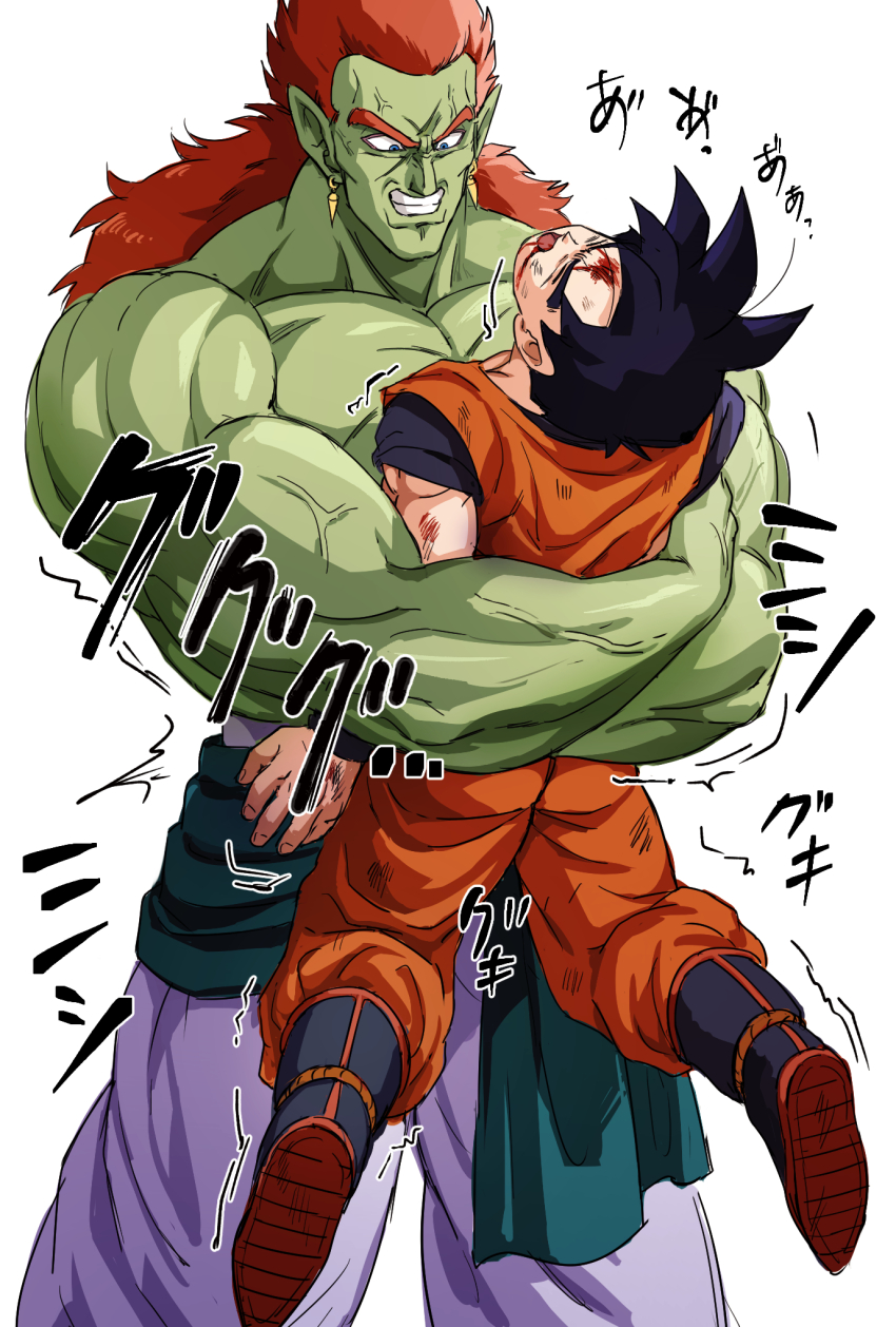 2boys aqua_sash arms_around_waist black_hair blood blood_from_mouth blood_on_face blue_eyes bojack boriroba clenched_teeth collarbone colored_skin commentary_request crushing dougi dragon_ball dragonball_z green_skin highres injury long_hair looking_down male_focus multiple_boys muscular muscular_male open_mouth orange_dougi pants pointy_ears red_hair scar scar_on_face scene_reference short_hair son_gohan spiked_hair teeth topless_male toriyama_akira_(style) trembling veins veiny_arms veiny_face white_background white_pants