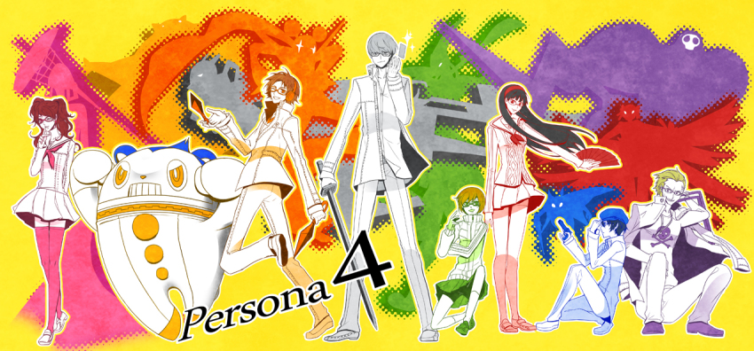 6+boys 6+girls amagi_yukiko androgynous atlus bare_legs bike_shorts black_hair blue_hair breasts brown_hair card chair copyright_name crossdressing dual_persona everyone finger_to_mouth floating_card folding_chair glasses grey_hair grin gun hanamura_yousuke hand_on_headwear handgun height_difference himiko_(persona_4) izanagi_(persona_4) jacket jacket_on_shoulders jiraiya_(persona_4) jolly_roger katana kintoki-douji kneehighs knife konohana_sakuya_(persona) kujikawa_rise kuma_(persona_4) legs long_hair long_sleeves looking_at_viewer multiple_boys multiple_girls narukami_yu one_eye_closed pants persona persona_4 red_hair reverse_trap revolver satonaka_chie school_uniform serafuku serious shirogane_naoto shoes short_hair skirt smile smirk socks standing straight_hair sukuna_hikona sword take-mikazuchi tatsumi_kanji thighhighs tomboy tomoe_(persona_4) weapon wink xxvsxx zettai_ryouiki