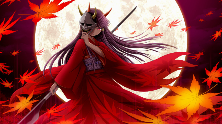 1girl female_focus full_moon highres hinomoto_oniko horns japanese_clothes kimono leaf long_hair looking_at_viewer mask meme moon oni_mask original outsider_0 polearm purple_hair red_eyes solo weapon