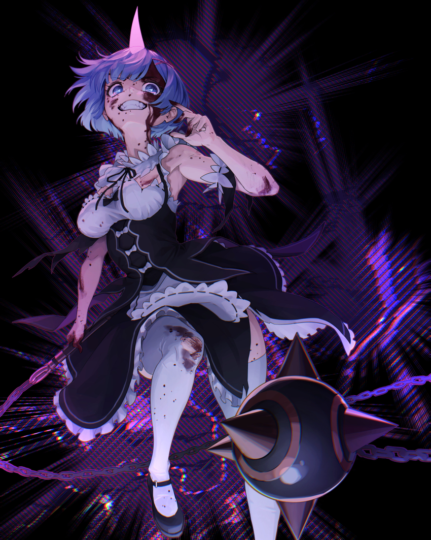 1girl absurdres ball_and_chain_(weapon) black_background black_shoes blood blood_on_clothes blood_on_face blue_eyes blue_hair breasts clenched_teeth commentary commission detached_sleeves dress english_commentary full_body glowing_horns haedgie hair_ornament hair_ribbon hand_up highres holding holding_weapon horns injury looking_at_viewer maid mary_janes medium_breasts pink_horns pink_ribbon purple_background re:zero_kara_hajimeru_isekai_seikatsu rem_(re:zero) ribbon ribbon-trimmed_clothes ribbon_trim roswaal_mansion_maid_uniform sharp_teeth shoes short_hair single_horn solo spiked_ball_and_chain teeth thighhighs thighs torn_clothes weapon white_thighhighs x_hair_ornament