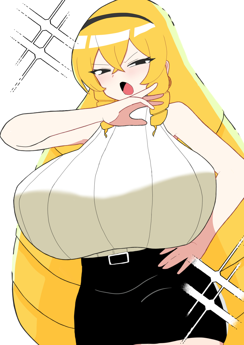 1girl absurdres black_skirt blonde_hair breasts fuchsaugen hand_on_own_hip headband highres huge_breasts kaneda_maria long_hair looking_at_viewer mature_female mount_celeb_kaneda-san ojou-sama_pose open_mouth skirt sparkle sweater