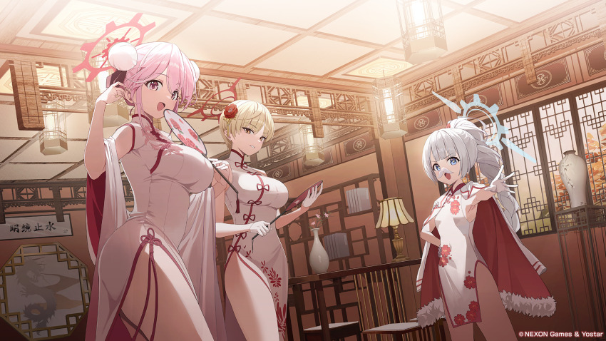 3girls bare_shoulders blonde_hair blue_archive blue_halo blush breasts bun_cover cherino_(blue_archive) cherino_(qipao)_(blue_archive) china_dress chinese_clothes double_bun dress eyeliner fake_facial_hair fake_mustache floral_print_dress gloves hair_bun half_gloves halo hand_fan highres holding holding_fan indoors jacket jacket_on_shoulders large_breasts looking_at_viewer makeup marina_(blue_archive) marina_(qipao)_(blue_archive) multiple_girls nagul official_alternate_costume official_art open_mouth pelvic_curtain pink_halo print_dress red_halo sleeveless sleeveless_dress sleeveless_turtleneck_dress small_breasts smile standing tomoe_(blue_archive) tomoe_(qipao)_(blue_archive) white_dress white_gloves