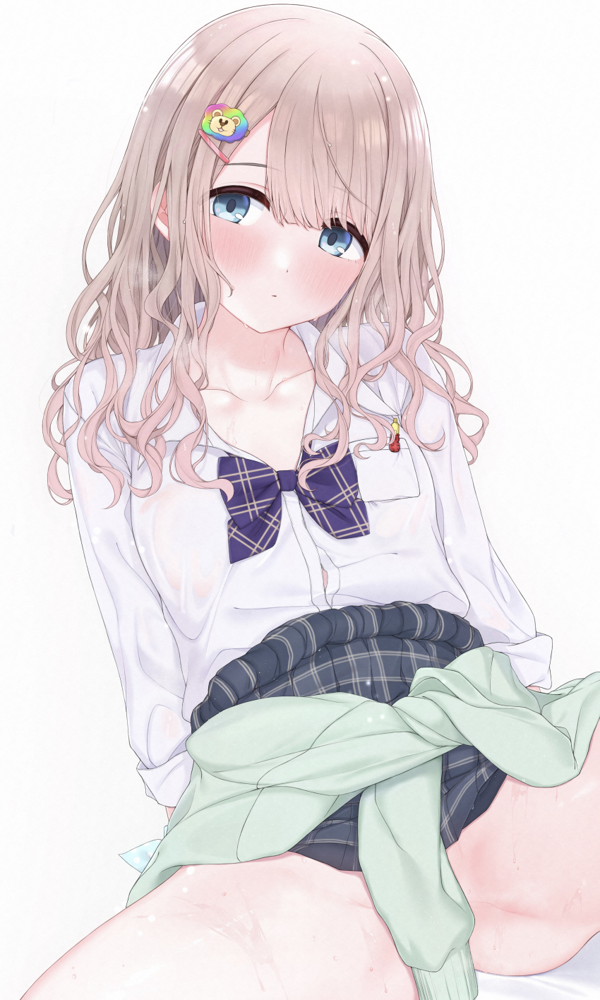 1girl absurdres aqua_cardigan black_skirt blue_bow blue_bowtie blush bow bowtie cardigan cardigan_around_waist clothes_around_waist collarbone commentary_request covered_pussy cropped grey_hair gyaru highres idolmaster idolmaster_shiny_colors kogal long_hair looking_at_viewer no_panties object_in_pocket official_alternate_costume open_collar pen_in_pocket plaid_bow plaid_bowtie plaid_clothes plaid_skirt pleated_skirt pocket school_uniform serizawa_asahi shirt shirt_tucked_in simple_background sitting skirt skirt_rolled_up solo spread_legs tutinako white_background white_shirt