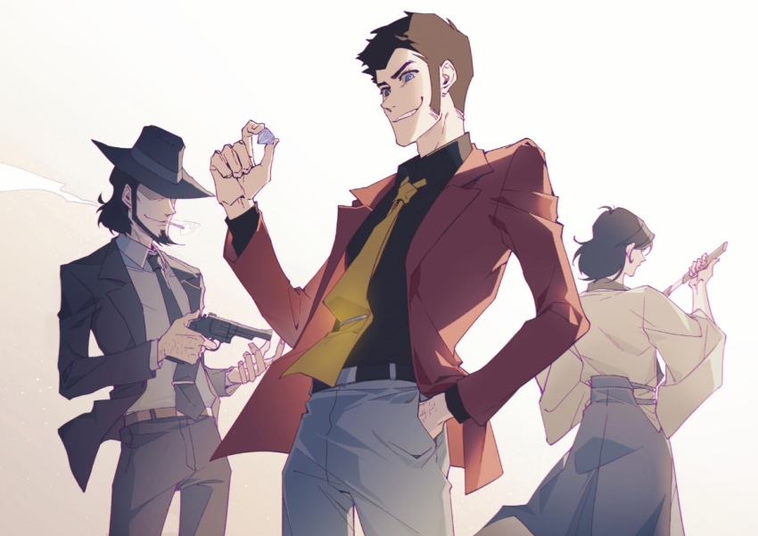 3boys arsene_lupin_iii asam beard belt black_hair black_jacket black_necktie black_pants black_shirt black_suit blue_eyes brown_hair cigarette collared_shirt facial_hair fedora formal_clothes gem grey_hakama gun hakama hand_in_pocket handgun hat hat_over_eyes holding holding_gem holding_gun holding_sword holding_weapon ishikawa_goemon_xiii jacket japanese_clothes jigen_daisuke katana kimono long_sleeves looking_at_object lupin_iii male_focus multiple_boys necktie open_clothes open_jacket pants red_jacket revolver sheathing shirt short_hair sideburns smile smirk smoking suit sword weapon white_pants white_shirt yellow_necktie