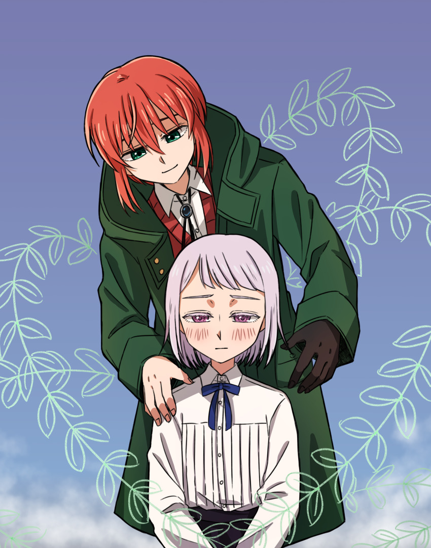 2girls absurdres black_hands black_skirt blue_ribbon blush child closed_mouth coat colored_extremities delfuze green_coat green_eyes hair_between_eyes hatori_chise highres leaning_to_the_side long_sleeves mahou_tsukai_no_yome mismatched_arms multiple_girls neck_ribbon philomela_sargant purple_eyes purple_hair red_hair ribbon shirt short_hair skirt smile standing white_shirt