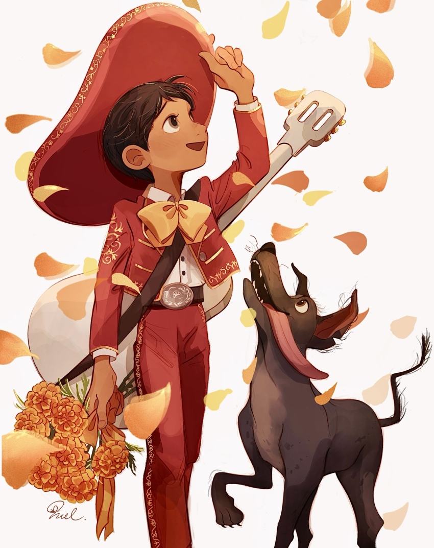 1girl absurdres belt bouquet bow bowtie brown_eyes brown_hair coco_(disney) collared_shirt dante_(coco) dark-skinned_male dark_skin dog falling_petals flower guitar hat highres holding holding_bouquet instrument jacket looking_up melchencanto mexican_clothes miguel_rivera open_clothes open_jacket open_mouth orange_bow orange_bowtie orange_flower orange_petals pants petals red_hat red_jacket red_pants shirt short_hair signature simple_background solo tongue tongue_out white_background white_shirt