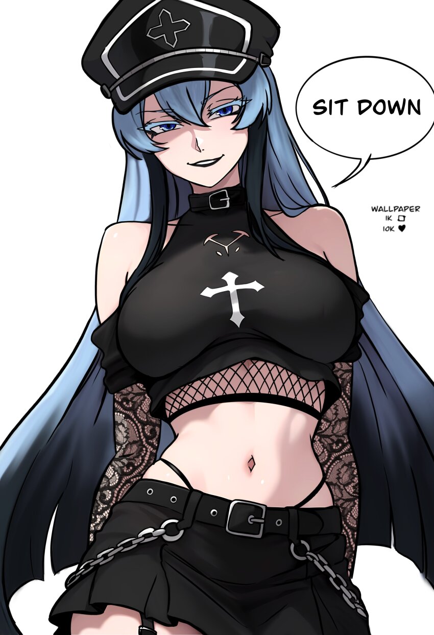 1girl absurdres akame_ga_kill! belt black_belt black_lips blue_eyes blue_hair chain english_text esdeath evil_smile hat highres navel peaked_cap redpostit simple_background sleeveless smile solo speech_bubble white_background