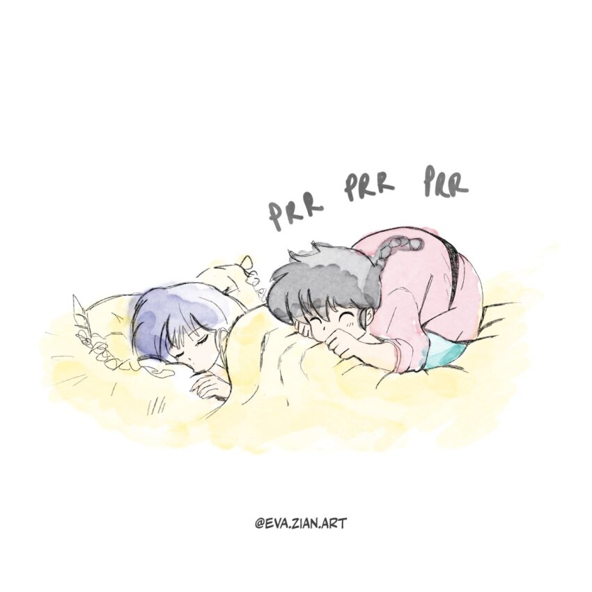 1boy 1girl bed_sheet blue_hair chinese_clothes closed_eyes evazianart highres pillow ranma_1/2 saotome_ranma short_hair sleeping tangzhuang tendou_akane