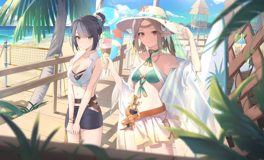 2girls aekun_cben alexa_(epic_seven) bare_shoulders beach belt bikini black_bikini black_hair breasts brown_belt brown_eyes brown_hair character_request check_character cleavage closed_mouth commentary_request cowboy_shot dagger day diamond-shaped_pupils diamond_(shape) epic_seven flower food green_bikini green_eyes hair_bun hair_flower hair_ornament hat highres holding holding_food holding_ice_cream holding_ice_cream_cone ice_cream ice_cream_cone iseria_(epic_seven) knife large_breasts light_smile long_hair looking_at_viewer medium_breasts midriff multiple_girls navel ocean official_alternate_costume orange_belt outdoors palm_tree railing sand sarong sheath sheathed shirt sleeveless sleeveless_shirt straw_hat summer&#039;s_disciple_alexa_(epic_seven) summertime_iseria_(epic_seven) sunlight surfboard swimsuit symbol-shaped_pupils tree volleyball_net weapon white_flower white_shirt wooden_railing
