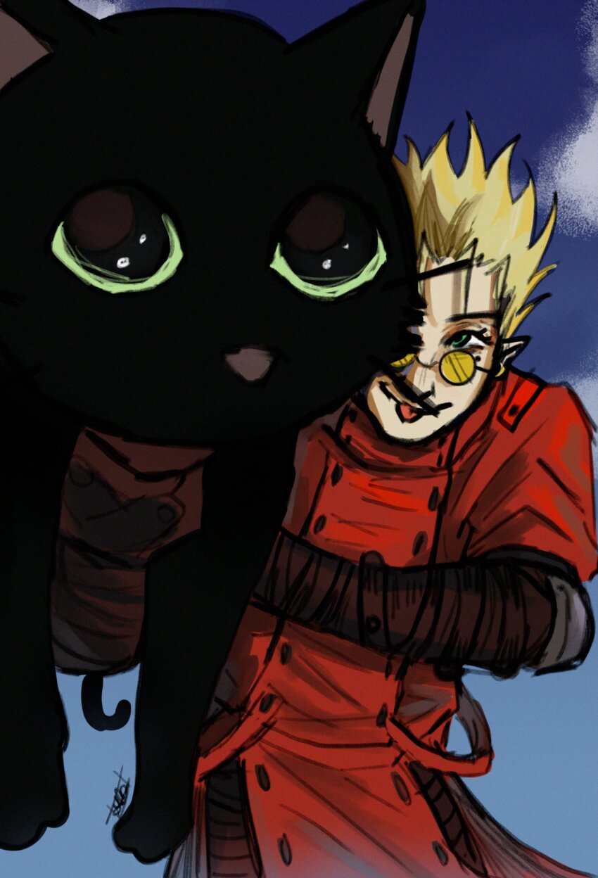 1boy absurdres animal black_cat blonde_hair blue_eyes blue_sky cat closed_mouth cloud coat day highres holding holding_animal holding_cat kuroneko_(trigun) male_focus outdoors photo-referenced red_coat short_hair sky smile solo sp00ky9 sunglasses tinted_eyewear tongue tongue_out trigun upper_body vash_the_stampede yellow-tinted_eyewear