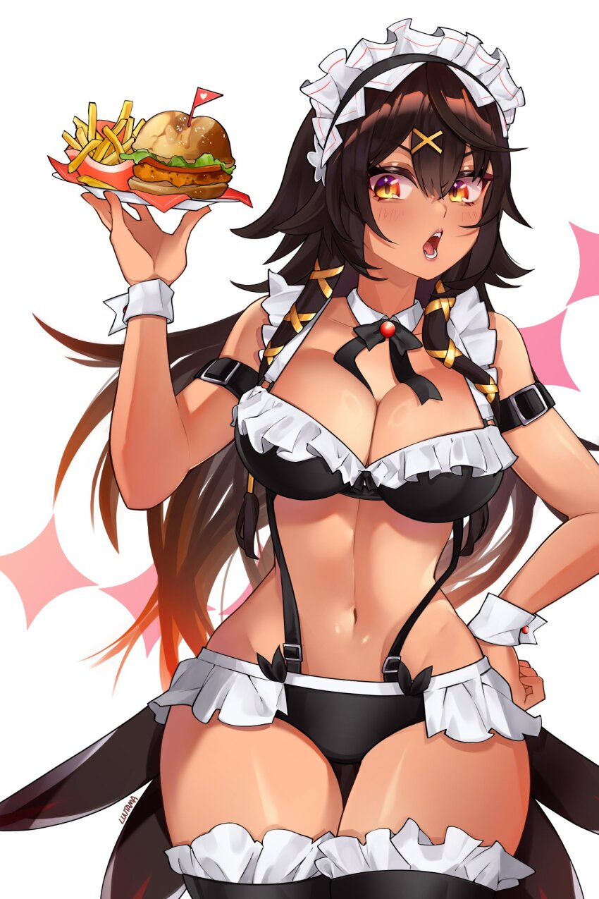 1girl artist_name black_hair black_hairband black_thighhighs breasts brown_hair burger cleavage collar detached_collar food french_fries frilled_hairband frilled_thighhighs frills gold_ribbon gradient_hair hair_ornament hair_ribbon hairband hand_on_own_hip hara_rae_sol heart highres holding holding_plate indie_virtual_youtuber linea_alba lips long_hair multicolored_hair navel open_mouth plate ribbon second-party_source solo suprhiro suspenders tan thigh_gap thighhighs virtual_youtuber white_collar white_wrist_cuffs wrist_cuffs x_hair_ornament