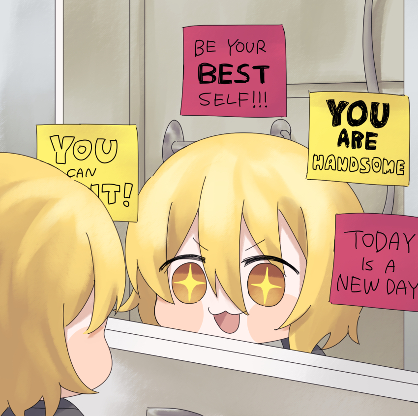 1girl :3 don_quixote_(project_moon) hair_between_eyes highres kitaku_(ienikaeru) limbus_company mirror open_mouth orange_eyes project_moon short_hair smile solo sparkling_eyes sticky_note upper_body