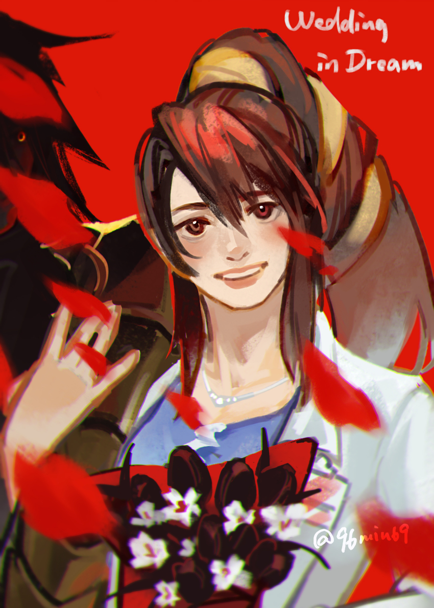 1boy 1girl 96min69 absurdres black_hair blue_shirt blush bouquet brown_eyes brown_hair english_text falling_petals final_fantasy final_fantasy_vii flower hand_on_another&#039;s_arm high_ponytail highres holding holding_bouquet jewelry lab_coat lucrecia_crescent necklace petals ponytail red_background rose_petals shirt smile spiked_hair standing twitter_username vincent_valentine