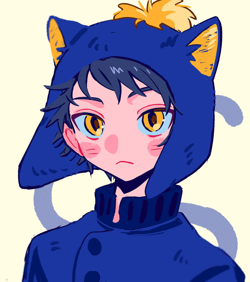 1boy absurdres animal_ear_headwear beanie black_hair blue_jacket cat_tail closed_mouth craig_tucker fake_animal_ears hat highres jacket light_frown looking_at_viewer male_focus neko_manma pom_pom_(clothes) pom_pom_beanie short_hair solo south_park tail yellow_eyes