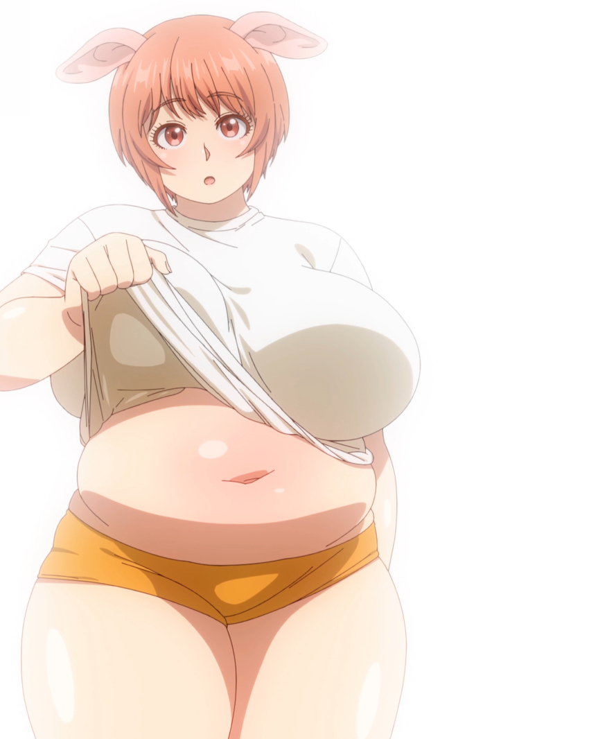 1girl :o absurdres animal_ears anime_screenshot arm_behind_back belly breasts brown_eyes brown_hair clothes_lift cowboy_shot ears elf-san_wa_yaserarenai. embarrassed greyscale highres huge_breasts lifting_own_clothes monochrome monster_girl navel oku_(elf-san_wa_yaserarenai.) orange_shorts orc parted_lips pig_ears pig_girl plump shirt shirt_lift short_hair short_shorts short_sleeves shorts simple_background solo standing stitched thick_thighs thighs third-party_edit white_background white_shirt