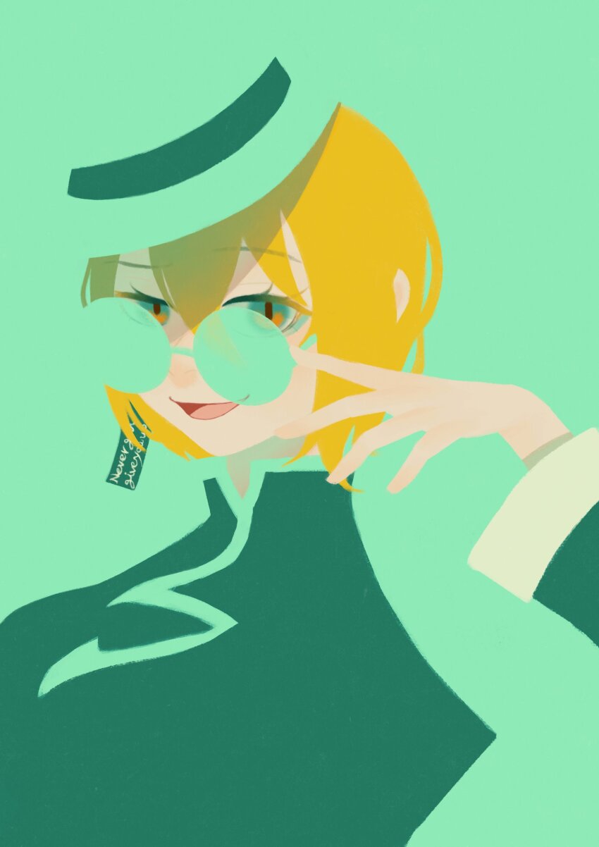 1girl absurdres adjusting_eyewear black_dress blonde_hair bracelet breasts china_dress chinese_clothes coat coat_on_shoulders commentary don_quixote_(project_moon) dress earrings cinq_east_(identity)_(project_moon) english_commentary fedora flat_color green_background green_dress green_eyes hagen_vence hat highres jewelry large_breasts limbus_company long_sleeves looking_at_viewer no_lineart open_mouth partially_opaque_sunglasses project_moon raised_eyebrow round_eyewear short_hair simple_background single_earring smile smirk solo sunglasses tilted_headwear tilted_headwear white_hat yellow_eyes