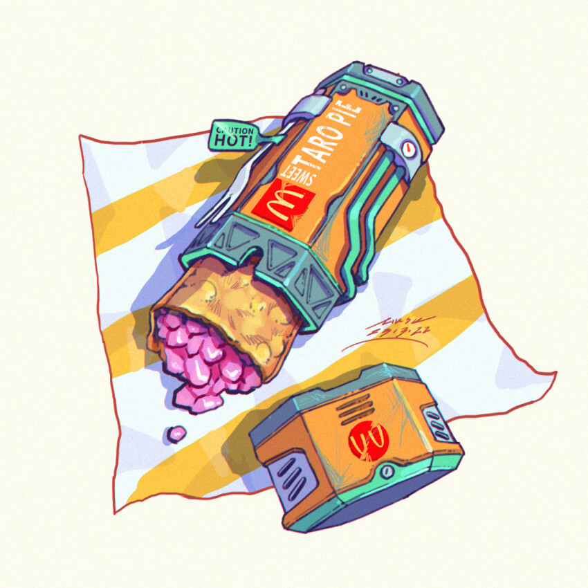 artist_name bomb chromatic_aberration dated english_text explosive food food_focus food_wrapper fork gauge iwse_zhang logo mcdonald&#039;s no_humans original pie signature still_life weapon weapon_focus