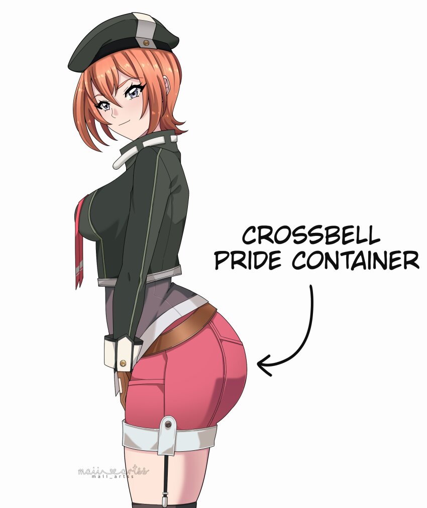 1girl absurdres ao_no_kiseki artist_logo ass ass_focus beret bob_cut breasts commentary commission cropped_jacket double-parted_bangs eiyuu_densetsu english_commentary english_text from_side green_hat grey_eyes hair_between_eyes hat highres huge_ass large_breasts logo long_sleeves looking_at_viewer maii_artss noel_seeker second-party_source short_hair shorts simple_background smile solo twitter_username watermark white_background zero_no_kiseki