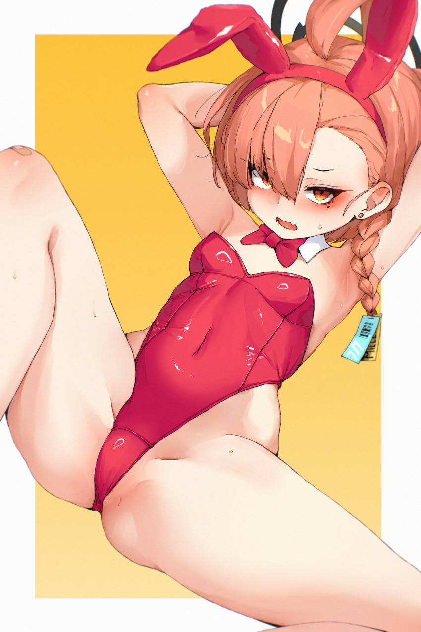 1girl ahoge animal_ears arm_behind_head armpits arms_up asymmetrical_bangs bare_shoulders blue_archive border bow bowtie braid breasts brown_background brown_hair collar commentary_request covered_navel detached_collar donedone earrings fake_animal_ears feet_out_of_frame grey_border hair_between_eyes hairband highres jewelry korean_commentary leotard looking_at_viewer neru_(blue_archive) playboy_bunny rabbit_ears red_bow red_bowtie red_eyes red_hairband red_leotard small_breasts solo spread_legs strapless strapless_leotard stud_earrings sweat white_collar wing_collar