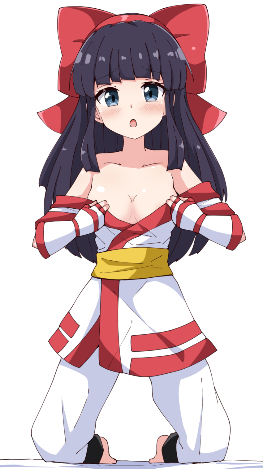 1girl :o aikawa_ryou barefoot bed_sheet black_hair blush bow breasts collarbone commentary_request fingerless_gloves full_body gloves hair_bow hairband highres kneeling long_hair looking_at_viewer medium_breasts nakoruru off_shoulder open_mouth pants red_bow red_hairband samurai_spirits short_sleeves simple_background solo very_long_hair white_background white_gloves white_pants