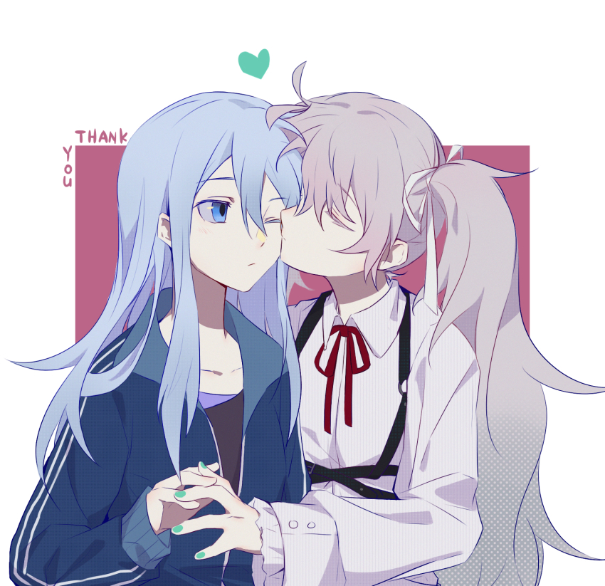 25-ji_miku 2girls blue_eyes blue_jacket chest_harness closed_mouth collarbone collared_dress double_horizontal_stripe dress fingernails flat_chest frilled_sleeves frills green_nails grey_hair hair_ribbon halftone harness hatsune_miku heart highres holding_hands interlocked_fingers jacket kiss kissing_cheek light_blush long_hair long_sleeves looking_at_another multiple_girls nail_polish neck_ribbon one_eye_closed partially_unzipped project_sekai red_background red_ribbon ribbon serious simple_background square thank_you track_jacket twintails two-tone_background upper_body very_long_hair vocaloid white_background white_dress white_ribbon ximuye yoisaki_kanade yuri