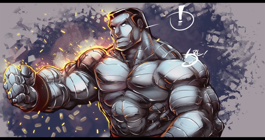 ! 10s 1boy abs artist_name black_hair bullet colored_skin colossus_(x-men) grey_skin letterboxed male_focus manly marvel metal_skin solo spandex_hero topless_male white_eyes x-men