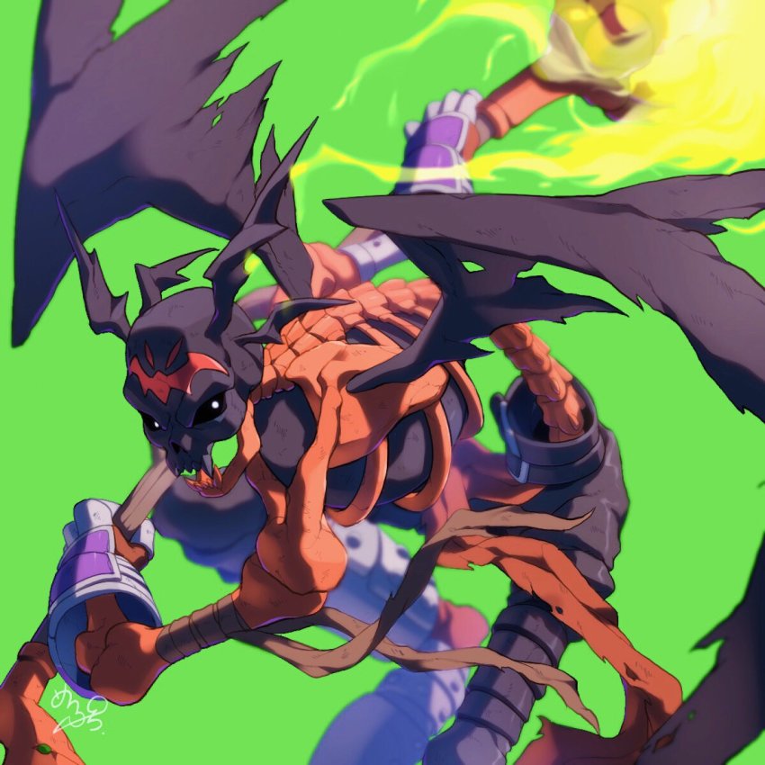 1boy artist_request attack bat_wings demon demon_wings digimon digimon_(creature) green_background head_wings highres holding holding_weapon looking_at_viewer mark_of_evil skeleton skull skullsatamon solo staff weapon wings