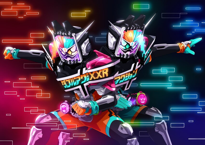 1boy 2boys armor black_bodysuit bodysuit breastplate clenched_hand clock_hands commentary_request controller decade_rider_watch double_action_gamer_level_x dust_cloud ex-aid_armor ex-aid_rider_watch game_controller gamer_driver gashat goggles hammer health_bar helmet highres kamen_rider kamen_rider_ex-aid kamen_rider_ex-aid_(series) kamen_rider_zi-o kamen_rider_zi-o_(series) male_focus mighty_brothers_xx multiple_boys open_hand otokamu pink_eyes pink_hair rider_gashat siblings spiked_hair sword translation_request twins video_game weapon