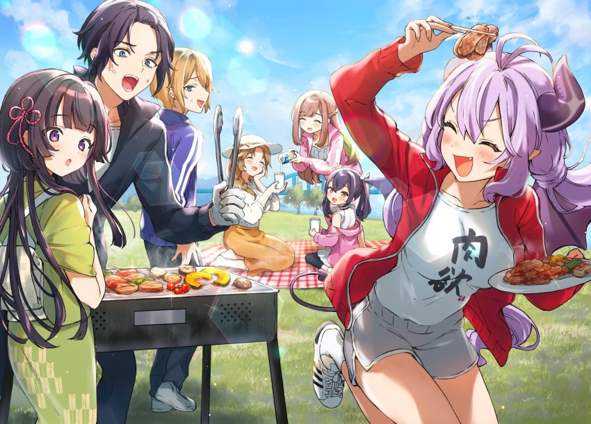 2boys 5girls antenna_hair black_hair blanket blonde_hair blouse chopsticks closed_mouth cooking day demon_tail dolphin_shorts fang flower_knot food gloves grey_shorts grill grilling hatara_kazutomo highres holding holding_plate horns inko_(succubus_to_neet) jacket japanese_clothes kimono long_hair long_sleeves multiple_boys multiple_girls nekoyashiki_pushio open_clothes open_jacket open_mouth outdoors plate pointy_ears purple_eyes purple_hair red_jacket shirt shoes short_hair shorts sitting socks succubus_to_neet tail tasuki tongs twintails white_footwear white_gloves white_shirt