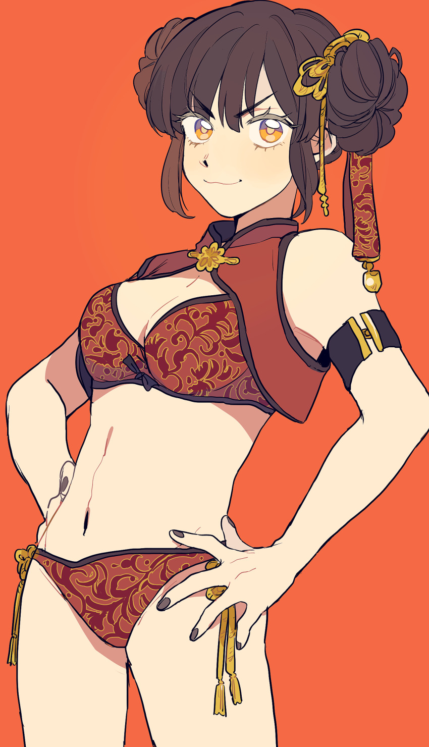 1girl absurdres axis_powers_hetalia bare_shoulders bell bikini black_hair black_nails blush breasts china_(female)_(hetalia) china_(hetalia) closed_mouth commentary_request cowboy_shot double_bun fingernails genderswap genderswap_(mtf) hair_between_eyes hair_bun hair_ornament highres looking_at_viewer mandarin_collar medium_breasts nail_polish navel ninonuko open_clothes open_vest orange_eyes red_background red_bikini red_vest short_hair sidelocks simple_background smile solo standing swimsuit tassel v-shaped_eyebrows vest yellow_eyes