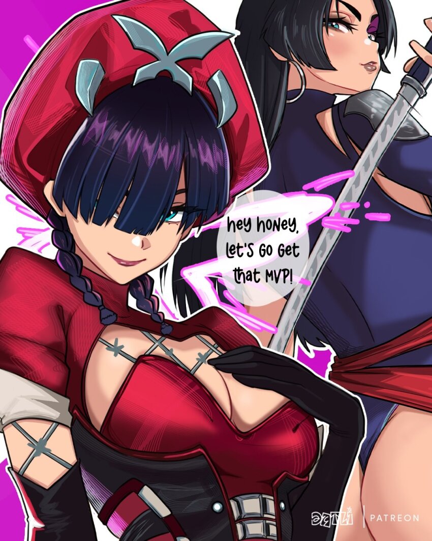 1girl ass black_hair blue_eyes braid breasts datli64 dress earrings elbow_gloves gloves hair_over_one_eye hat highleg highleg_leotard highres holding holding_sword holding_weapon jewelry large_breasts leotard long_hair looking_at_viewer marvel marvel_rivals official_alternate_costume psylocke psylocke_(blood_kariudo) psylocke_(vengeance) purple_eyes purple_leotard sash superhero_costume sword thighhighs twin_braids weapon x-men