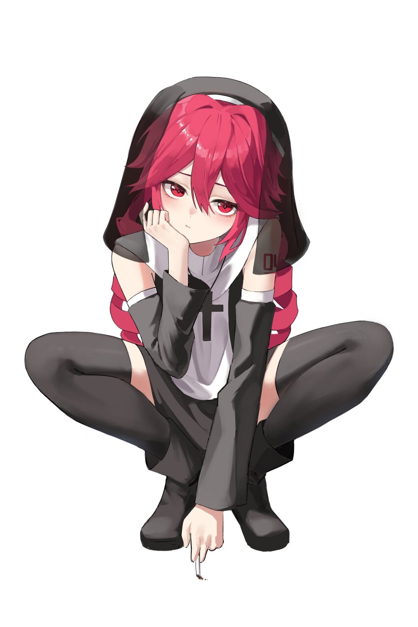 1girl absurdres alternate_costume alternate_hairstyle black_boots black_sleeves black_socks boots cigarette detached_sleeves drill_hair habit hand_on_own_cheek hand_on_own_face highres holding holding_cigarette hu2924 kasane_teto red_eyes red_hair sister_teto socks squatting tagme utau