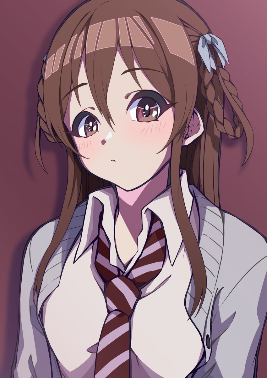 1girl 22/7 blush bow braid braided_hair_rings brown_background brown_eyes brown_hair cardigan closed_mouth collared_shirt diagonal-striped_clothes diagonal-striped_necktie grey_cardigan hair_bow hair_rings highres lionmaru0808 long_hair looking_at_viewer necktie open_cardigan open_clothes portrait school_uniform shirt sidelocks simple_background solo striped_clothes tachikawa_ayaka twin_braids two-tone_necktie two_side_up white_bow white_shirt