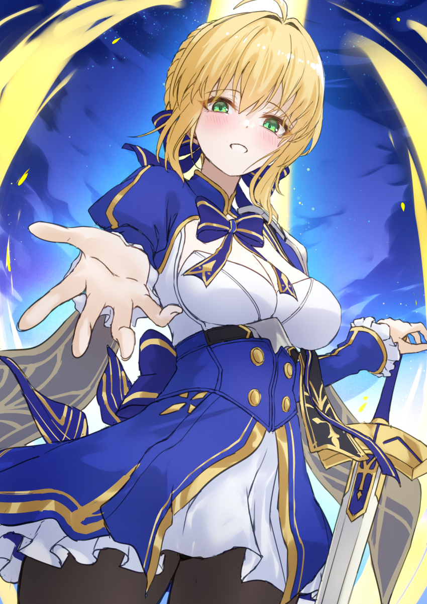 1girl artoria_pendragon_(fate) black_pantyhose blonde_hair blue_dress blue_sky breasts cleavage commentary commentary_request cowboy_shot crossover dress english_commentary excalibur_(fate/stay_night) fate/stay_night fate_(series) green_eyes highres holding holding_sword holding_weapon honkai:_star_rail honkai_(series) looking_at_viewer medium_breasts mixed-language_commentary pantyhose reaching reaching_towards_viewer saber_(fate) short_hair sky smile solo sword weapon xfate