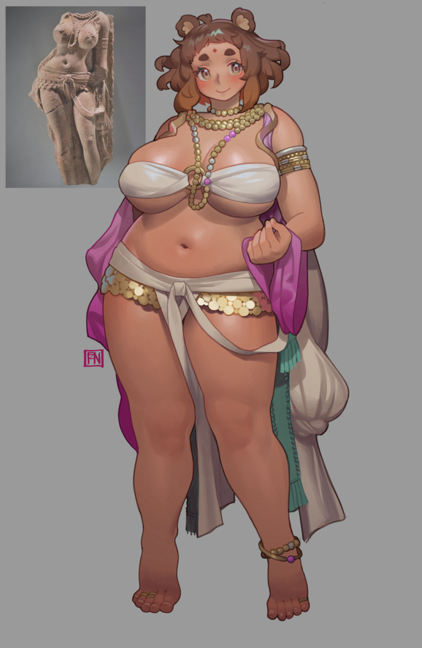 1girl ahoge animal_ears anklet armlet artist_logo bear_ears blush breasts brown_eyes brown_hair closed_mouth contrapposto fat fat_woman full_body grey_background highres huge_breasts jewelry kumako_(poch4n) logo looking_at_viewer medium_hair navel necklace o-ring original photo-referenced poch4n reference_inset sculpture simple_background solo standing thick_eyebrows thick_thighs thighs yakshi_statue_(meme)