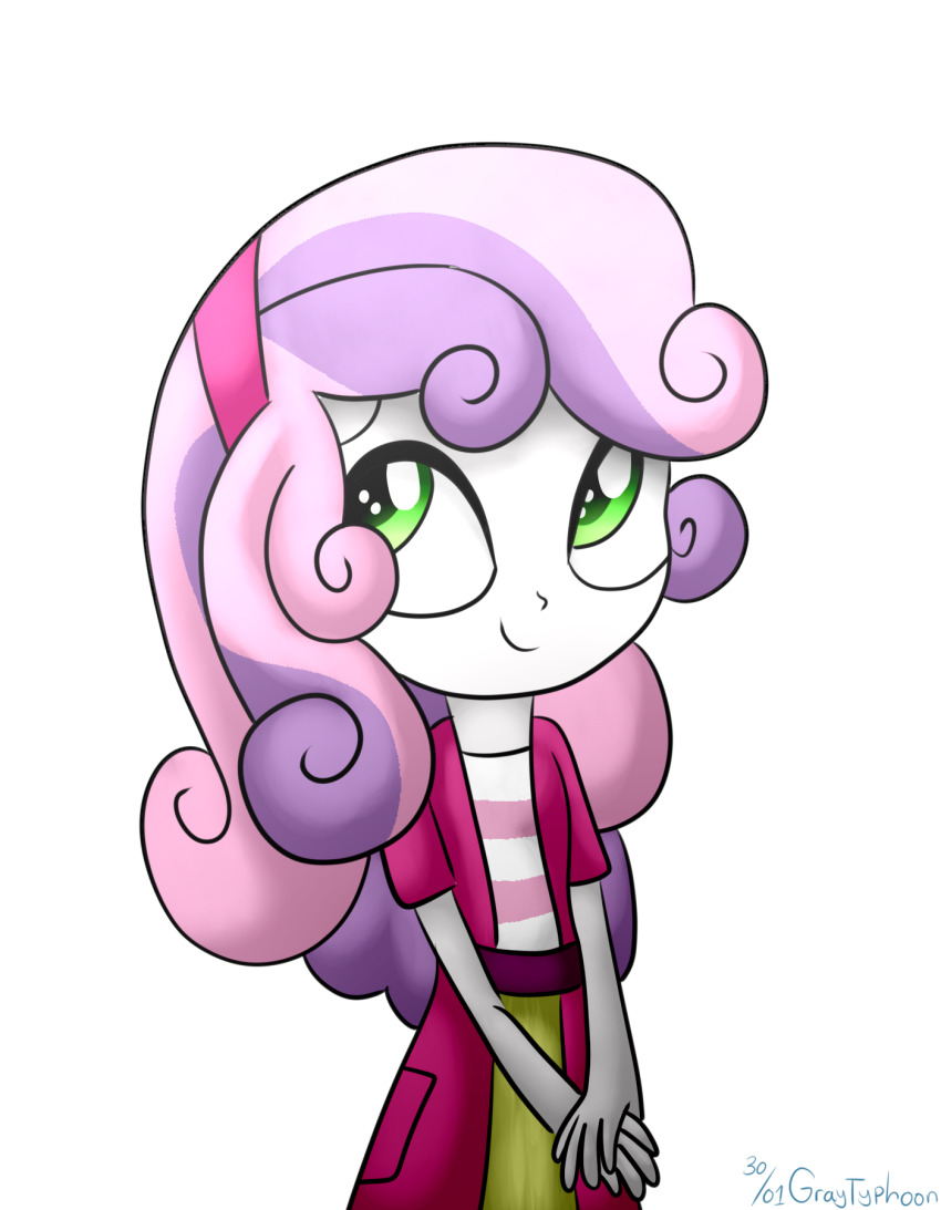 1girl belt colored_skin green_eyes hanifanims headband highres humanization long_hair looking_up multicolored_hair my_little_pony my_little_pony:_equestria_girls my_little_pony:_friendship_is_magic short_sleeves skirt sweetie_belle sweetie_belle_(equestria_girls) transparent_background watermark white_skin yellow_skirt