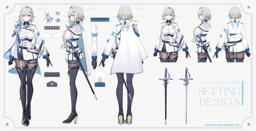 1girl absurdres armband black_boots black_gloves blue_armband blue_eyes boots bow braid breasts bun_with_braided_base butterfly_hair_ornament cape cleavage copyright_notice dress flower gloves grey_hair hair_bow hair_ornament high_heel_boots high_heels highres large_breasts long_hair long_sleeves multiple_views pantyhose phase_connect rapier reference_sheet rose second-party_source sheath sheathed sword thigh_boots toosaka_asagi virtual_youtuber weapon white_bow white_cape white_dress white_flower white_rose wilhelmina_frost