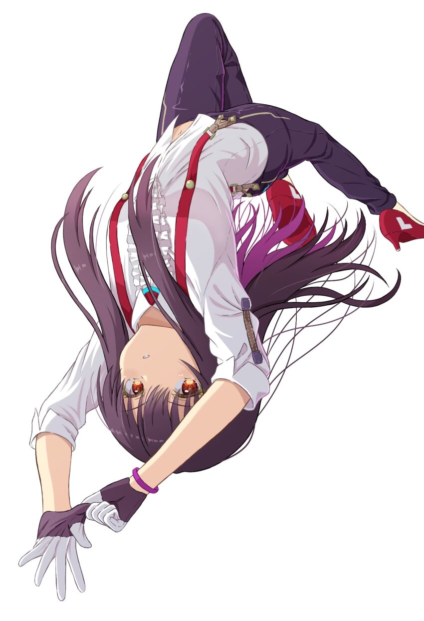 brown_hair closed_mouth gloves heaven_burns_red highres long_hair long_sleeves mochimugi_rice outdoors pants red_eyes shirt suspenders white_shirt yanagi_mion
