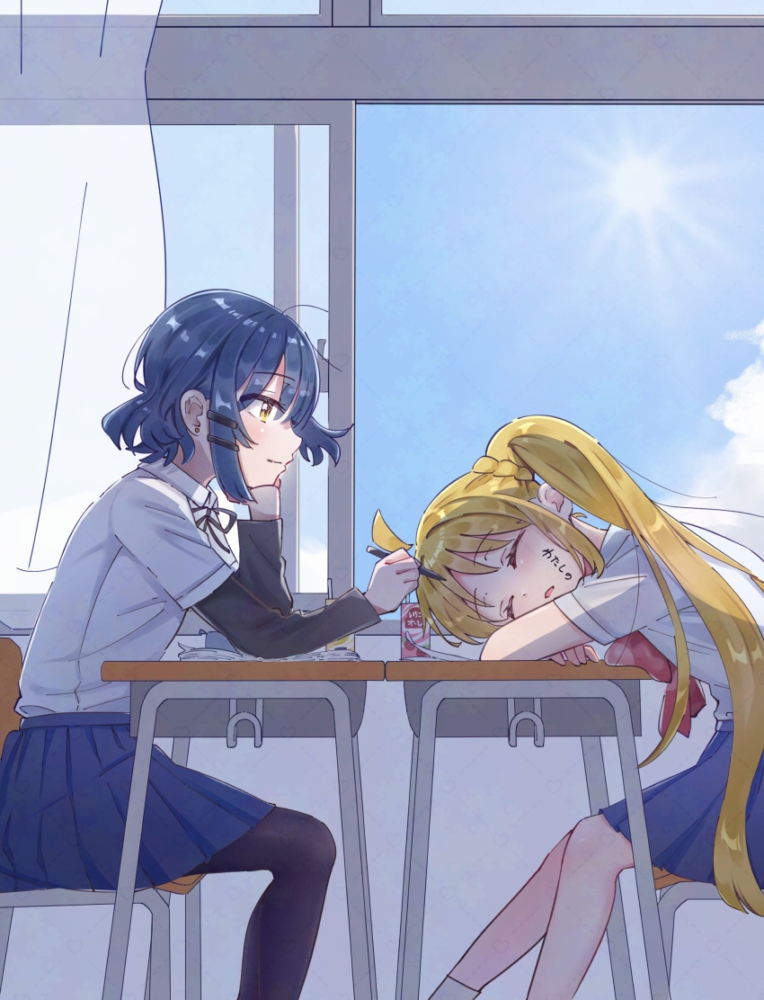 2girls absurdres ahoge black_pantyhose black_ribbon blonde_hair blue_hair blue_skirt blue_sky bocchi_the_rock! body_writing braid chair classroom closed_eyes closed_mouth collared_shirt comiket_105 commentary_request curtains day desk drawing_on_another&#039;s_face earrings erinko604 grey_shirt hair_ornament hairclip hand_rest highres holding holding_pen ijichi_nijika indoors jewelry layered_sleeves long_hair long_sleeves looking_at_another multiple_girls neck_ribbon on_chair open_window pantyhose parallel_hairclips parted_lips pen pleated_skirt ribbon school_chair school_desk shirt shirt_tucked_in short_hair short_over_long_sleeves short_sleeves side_ponytail sitting skirt sky sleeping sleeping_upright stud_earrings sun translation_request very_long_hair window yamada_ryo