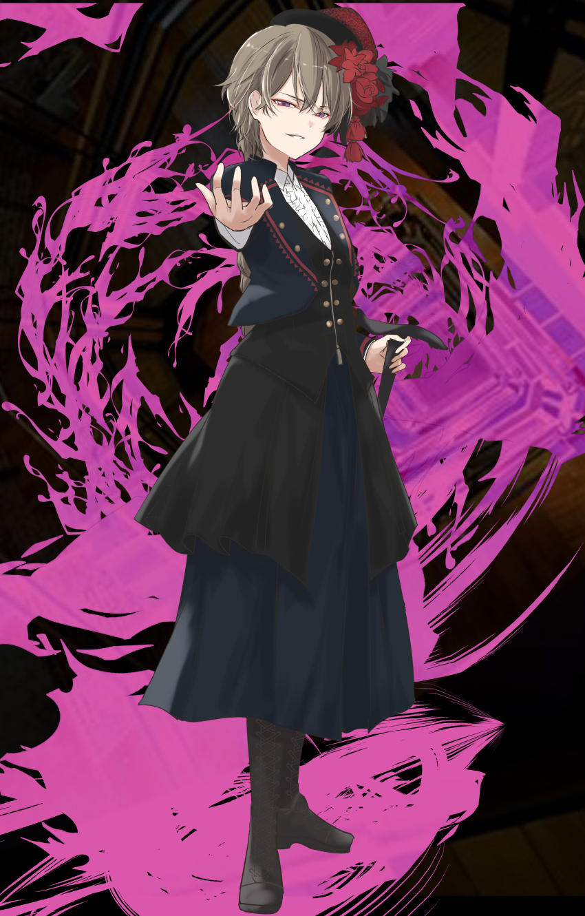 1girl absurdres arms_up beret black_background black_bow black_hat black_skirt black_vest blue_jacket blurry blurry_background boots bow braid braided_ponytail cane center_frills claw_pose collared_shirt commentary_request flower frilled_shirt frills full_body gloves grey_hair hair_between_eyes hair_flower hair_ornament hands_up hat highres holding holding_cane jack_(tsukiyo_joou_ni_warae) jacket layered_skirt long_hair long_skirt long_sleeves low_ponytail open_clothes open_jacket outstretched_arm parted_lips pink_background ponytail purple_eyes reaching reaching_towards_viewer red_flower shirt single_bracer skirt solo standing tassel tassel_hair_ornament tilted_headwear tsukiyo_joou_ni_warae two-tone_skirt urutsu_sahari vest white_shirt zipper_pull_tab