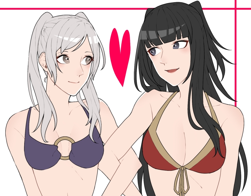 2girls ao_saryaruhu arm_at_side armpit_crease bikini black_eyes black_hair breasts brown_eyes cleavage collarbone couple eye_contact eyelashes female_focus female_robin_(fire_emblem) female_robin_(seaside_tactician)_(fire_emblem) fire_emblem fire_emblem_awakening fire_emblem_heroes front-tie_bikini_top front-tie_top hime_cut large_breasts long_hair looking_at_another matching_hair/eyes medium_breasts midriff multiple_girls navel neck nintendo no_coat no_headwear o-ring o-ring_bikini official_alternate_costume open_mouth purple_bikini red_bikini short_twintails sidelocks smile standing stomach summer swept_bangs swimsuit tharja_(fire_emblem) tharja_(summer)_(fire_emblem) twintails upper_body white_background white_hair yuri